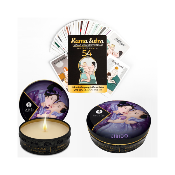 Karty z pozycjami KamaSutra i świeca do masażu Libido Exotic Fruits 30ml Shunga