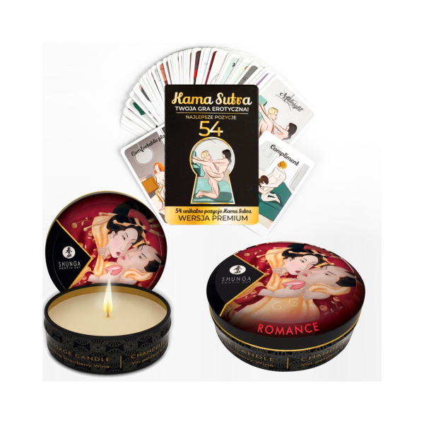 Karty z pozycjami KamaSutra i świeca do masażu Romance Sparkling Strawberry Wine 30ml Shunga