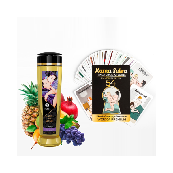 Karty z pozycjami KamaSutra i olejek do masażu Libido Exotic Fruits 240ml Shunga
