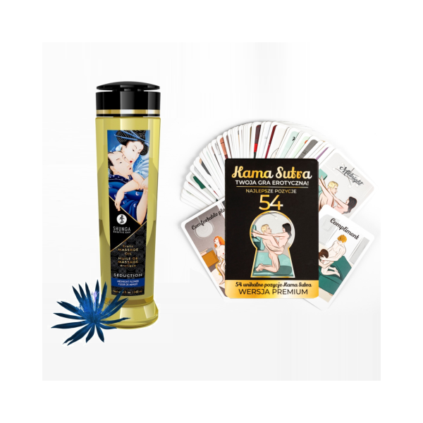 Karty z pozycjami KamaSutra i olejek do masażu Seduction Midnight Flower 240ml Shunga