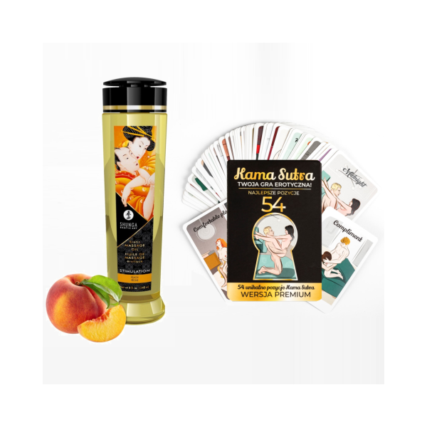 Karty z pozycjami KamaSutra i olejek do masażu Stimulation Peach 240ml Shunga