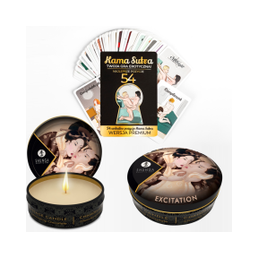 Karty z pozycjami KamaSutra i świeca do masażu Excitation Intoxicating Chocolate 30ml Shunga
