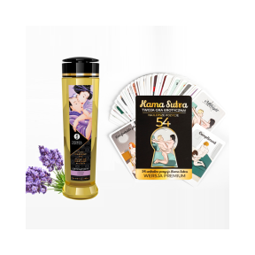 Karty z pozycjami KamaSutra i olejek do masażu Sensation Lavender 240ml Shunga
